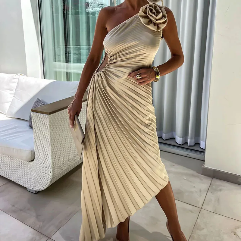Elegant Slant Shoulder Pleated Gown Dress Hollow Out Solid Party Long Dress