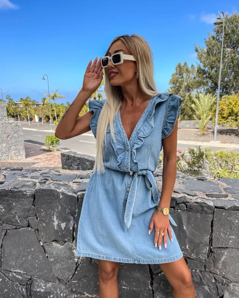 Elegant V Neck Denim Flying Sleeve Lace-up Ruffle Slim Fashion Short Dress