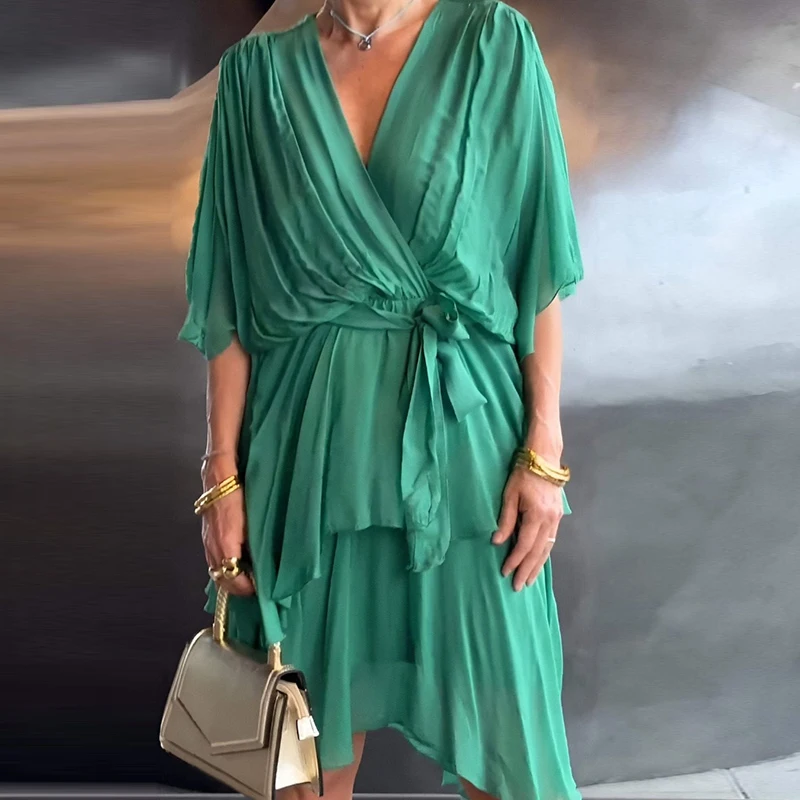 Elegant V-neck Lace-up Waist Causal Short Sleeve Solid Party A-Line Pleated Irregular Midi Dress