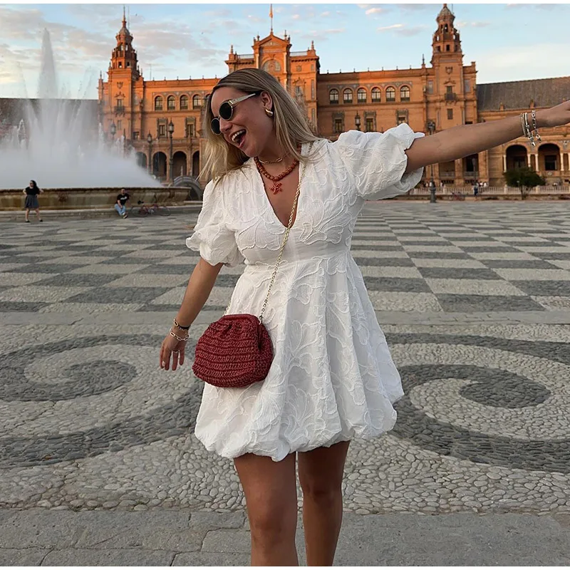 Embroidered Fluffy Short Puff Sleeve Dress High Waist Party Holiday Elegant Vestidos