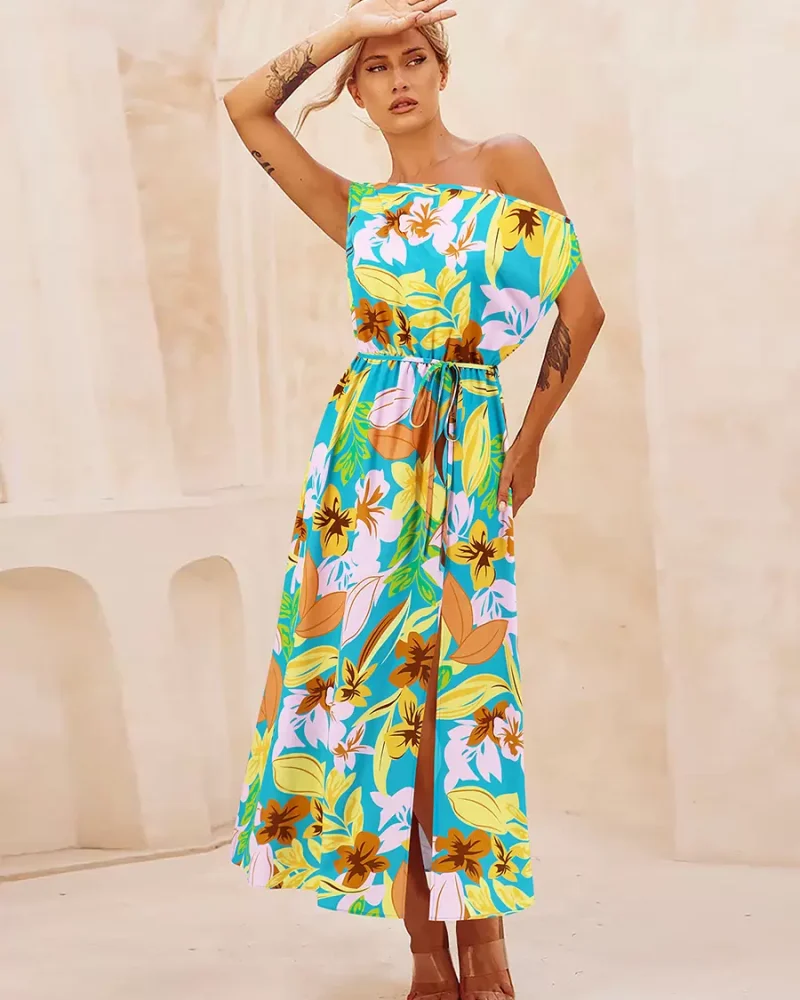 FASHION Printed Party Dress One Shoulder Belted Asymmetrical Midi Dress