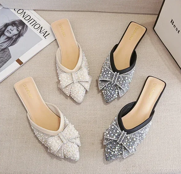 Fashion Large Size Slippers Pointed Toe Flat sole Bowknot Slippers Shoes