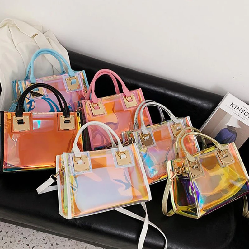 Fashion Laser PVC Jelly Tote Handbag Large Capacity Transparent Top Handle Bags with Coin Wallet Shopping Purse