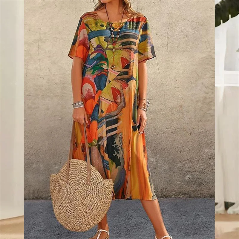 Fashion Print Dress Short Sleeve O Neck Pullover Loose Waist Dress Daily Casual Vacation Beach Long Gown