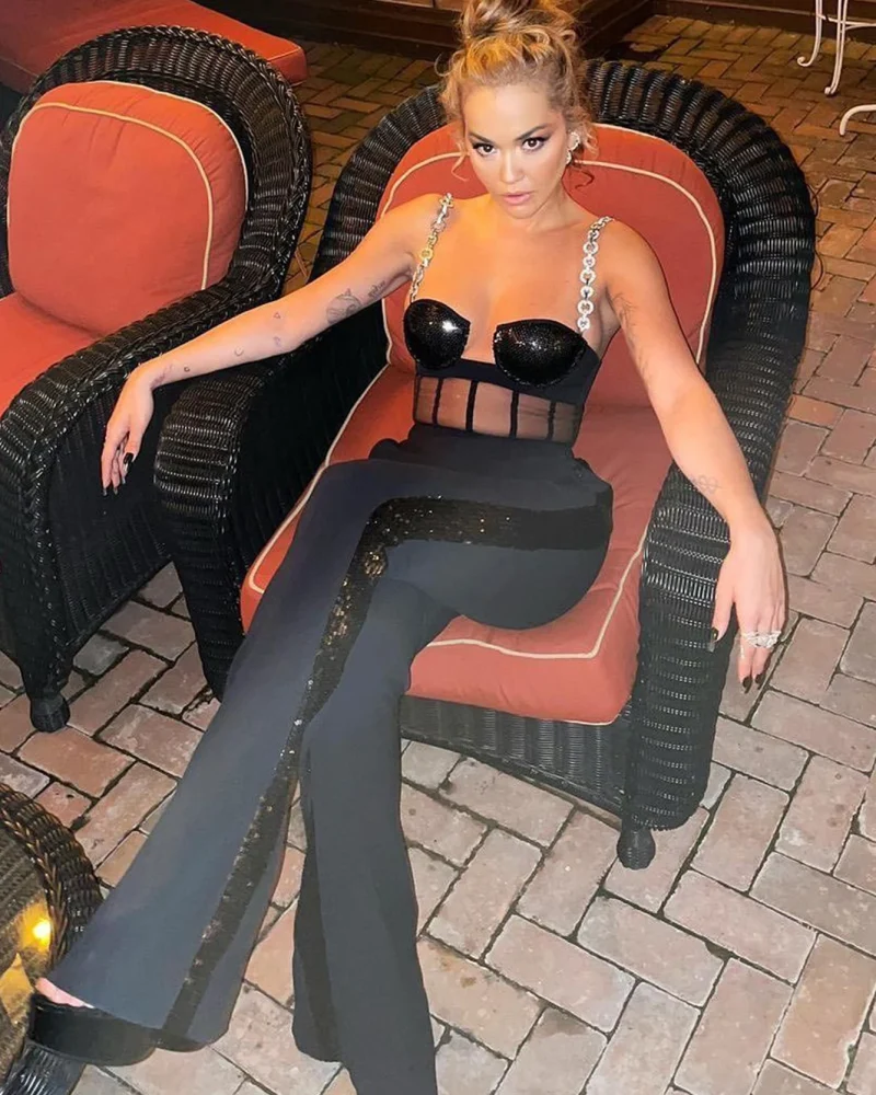 Fashion Rhinestone Sling Sequin Patchwork Bodycon Bandage Dress Designer Sleeveless Club Party Jumpsuit