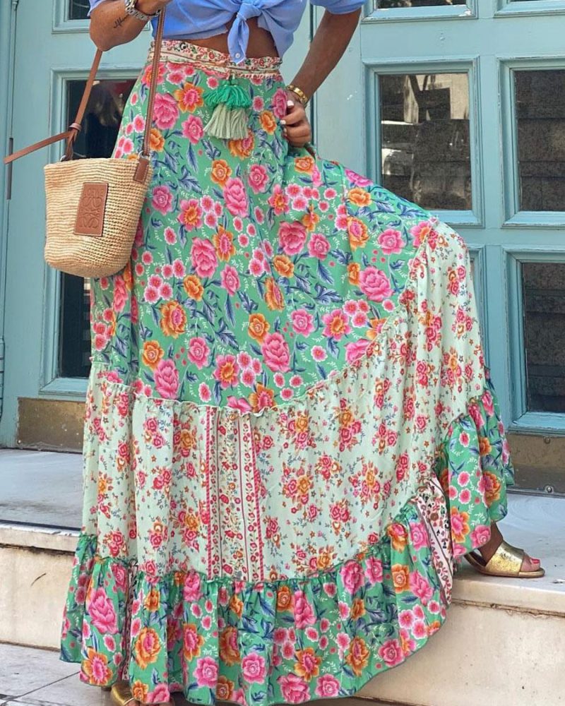 Fashion Skirt Ruffles Floral Print Long Raised Waist Bottoms