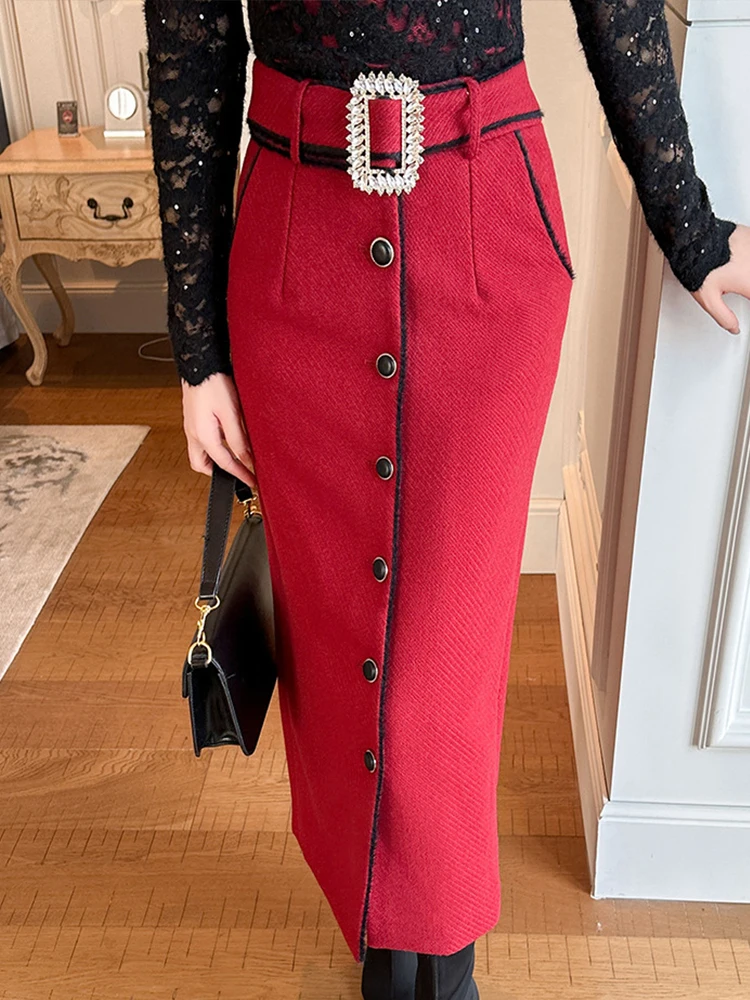 Fashion Woolen Formal Women Slim Pencil Long Skirts Elegant Office Belt High Waist Package Hip Midi Skirt Street Clothes Outfits