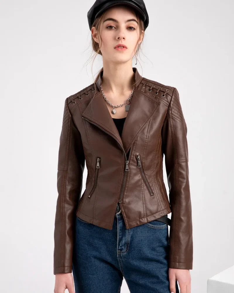 Faux Leather Jacket Pockets Decoration Coat Moto Biker Zipper Jacket