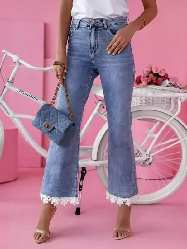Flared Bottom Chic Lace Raised Waist Denim Jeans Pants
