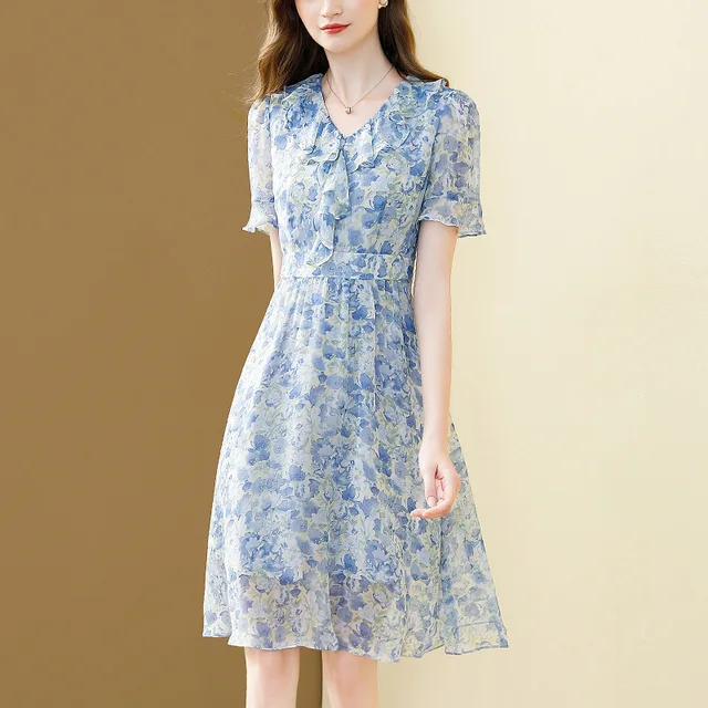 Flora Printing Chiffon Dress V-neck Elegant Office A-LINE Dresses Party Vestidos