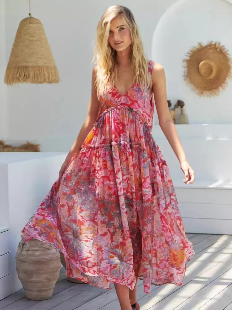 Floral Dress Maxi Dresses Dresses Floral Print Spaghetti Straps Oversized Straps Neck Sleeveless Elegant