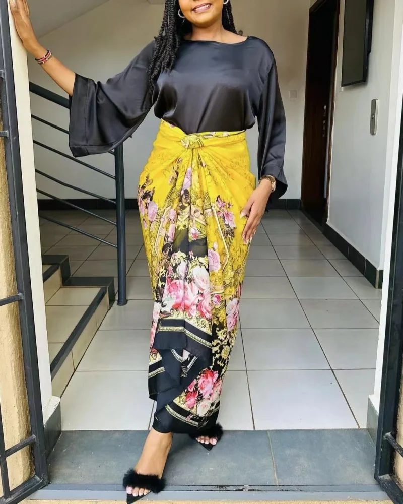 Floral Print Dress Satin Outfits Long Sleeve Ribbed Party Vacation Outfits 2 Piece Set