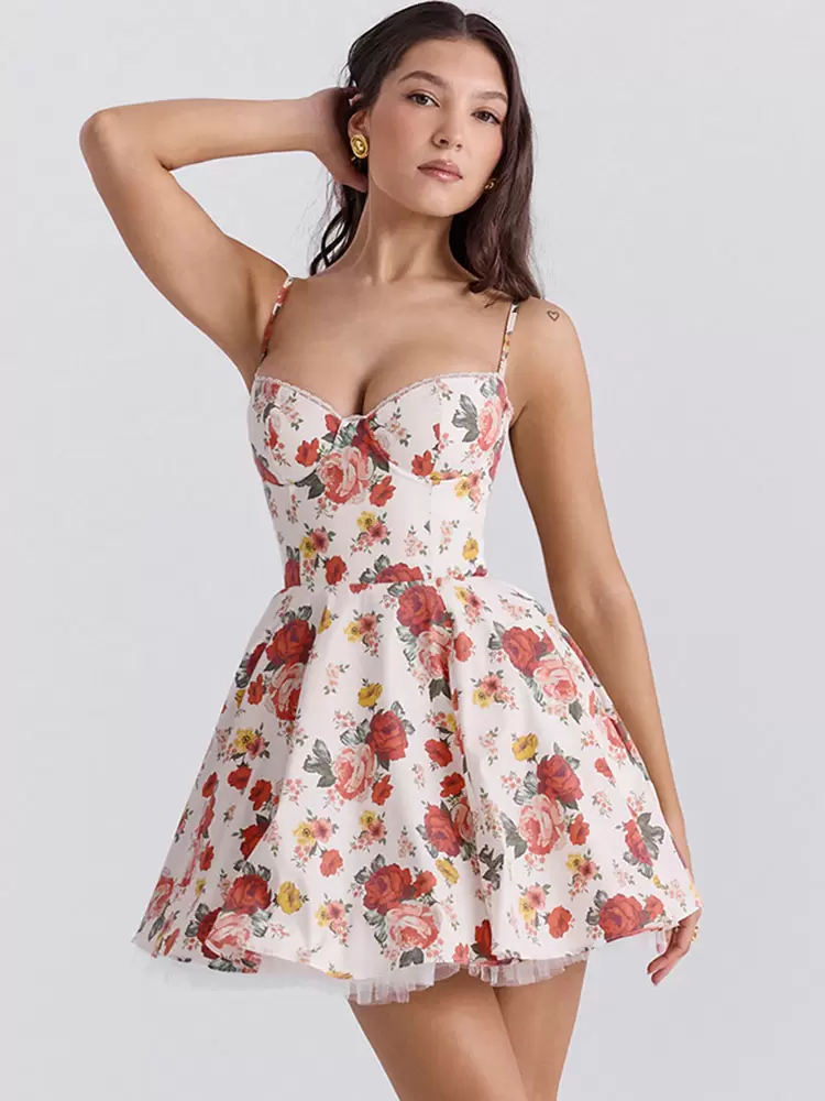 Floral Print Party Dresses Straps Neck Lace Sleeveless Semi Formal Dress