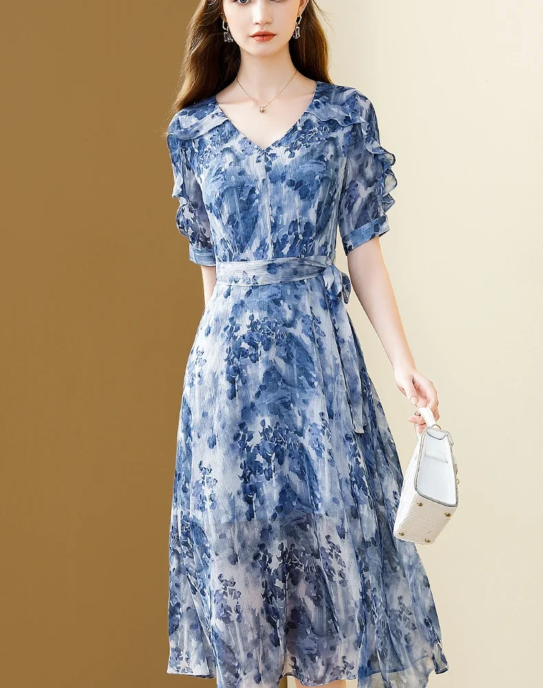 Floral Printing Chiffon Dress V-Neck Elegant Office A-line Party Slim Dresses Vestido