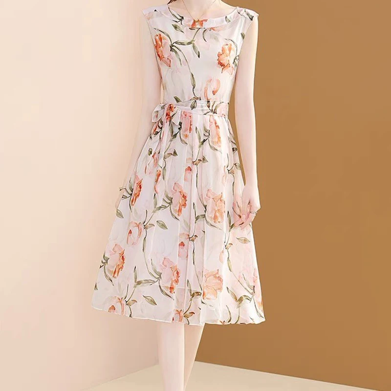 Floral Printing O-Neck Office A-Line Lace Up Elegant Slim Chiffon Dress Vestidos