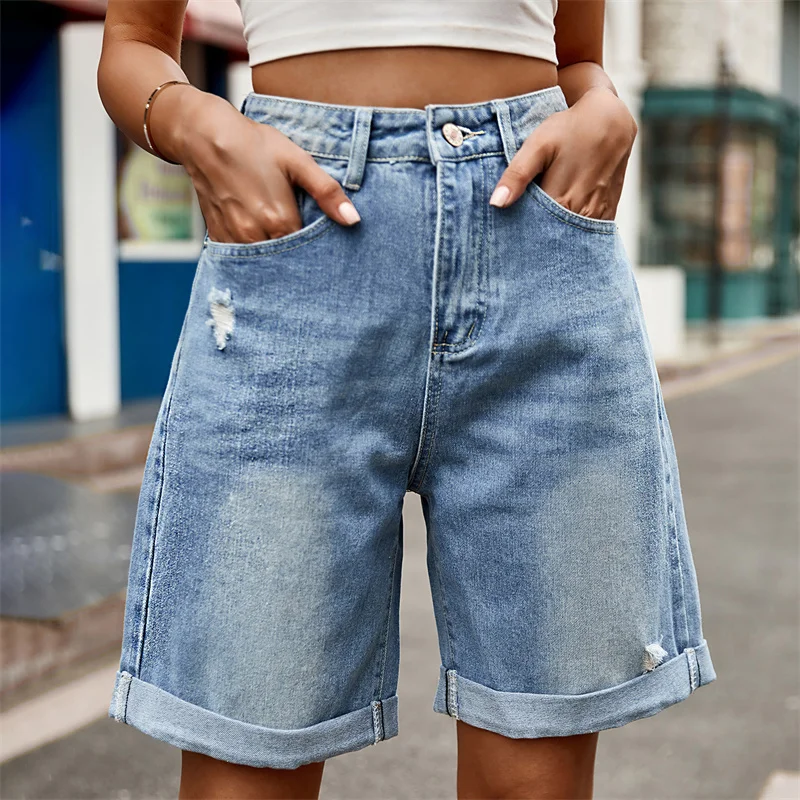 Fold Over Trouser Legs Denim Shorts Broken Holes Five Quarter Pants Casual High Waist Mini Straight Jeans