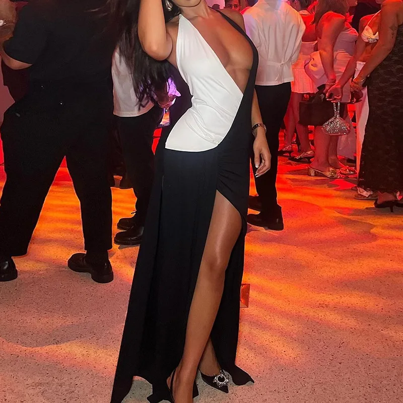 Halter Deep V Neck Maxi Dress Patchwork High Split Evening Club Party Dress