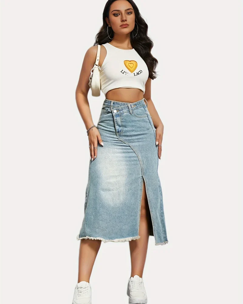 High Waist Denim Fashion Button Faded Slit Skirt