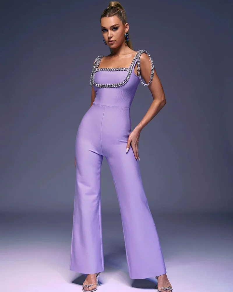 High Waist Sleeveless Rhinestone Wide Leg Jumpsuit Bodycon Celebrity Club Party Bandage Jumpsuit