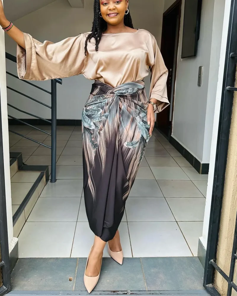 Impressive Long Dress 2 Piece Set Printed Satin Outfits Long Sleeve Ribbed Party Vacation Outfits