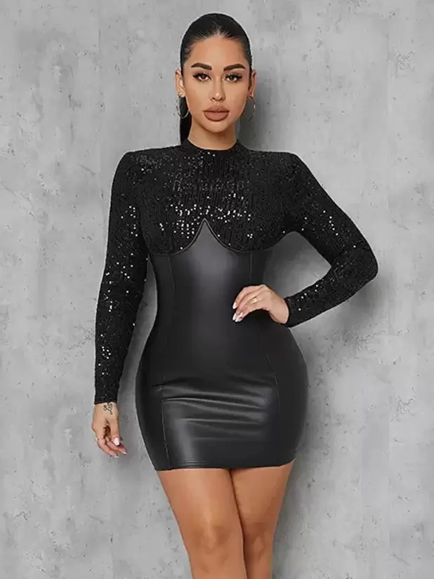 Jewel Neck Bodycon Dresses Jewel Neck Sequins Long Sleeve Dress