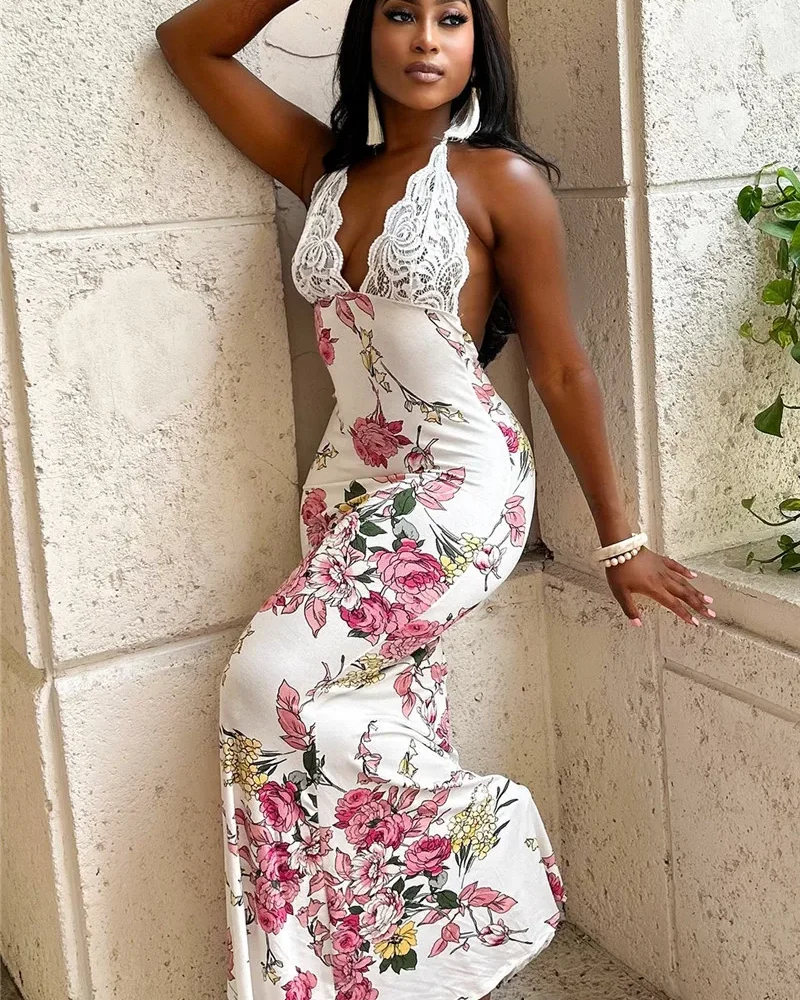 Lace Patchwork Halter Print Deep V Neck Sleeveless Backless Bodycon Long Maxi Dress