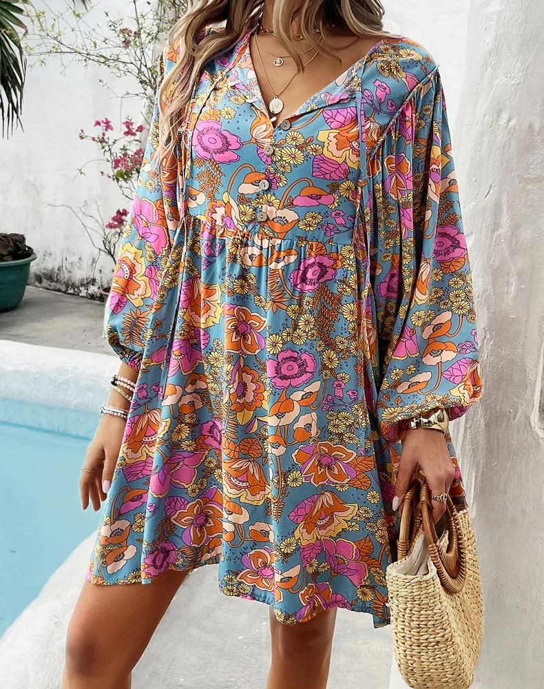 Lantern Long Sleeve Bohemian V Neck Loose Boho Beach Vestidos