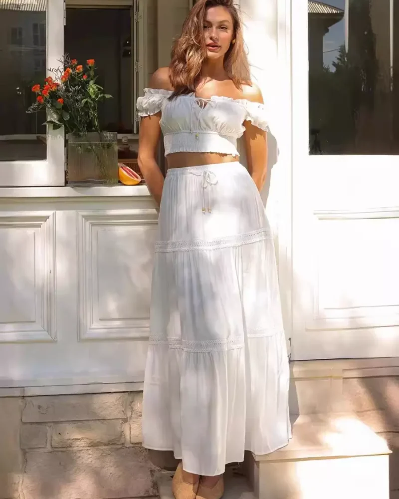 Long Skirt Set Street Wear Polyester Short Sleeve Lace Up Chic