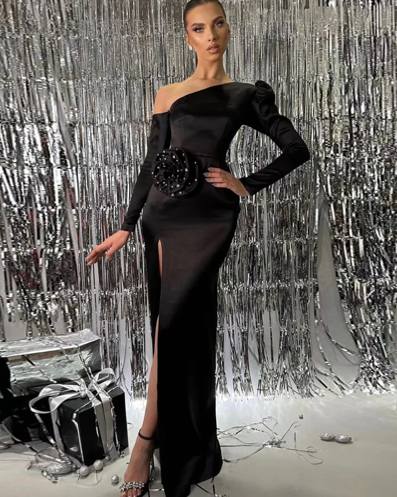 Long Sleeved 3D Flower Diamond Bandage Split Long Dress Bodycon Banquet Evening Dress