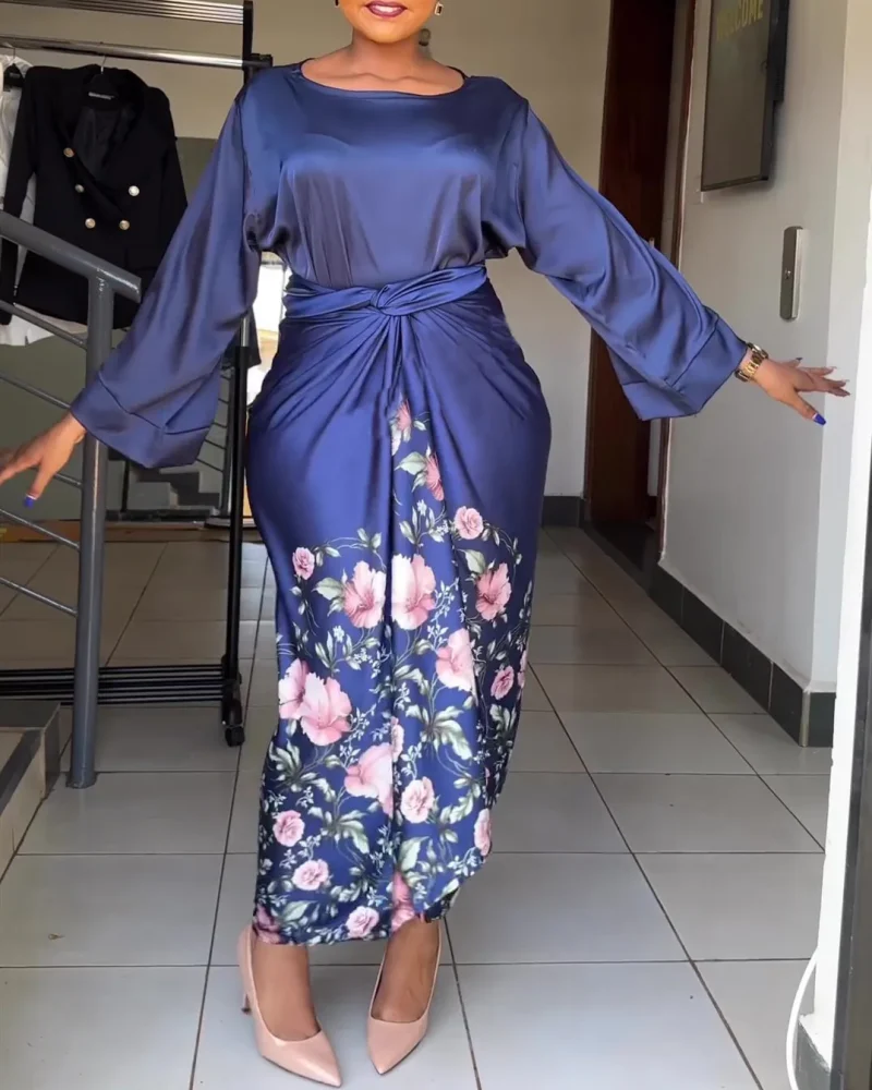 Matte Floral Print 2 Vacation Piece Set Satin Outfits Long Sleeve Ribbed Party Vacation Outfits