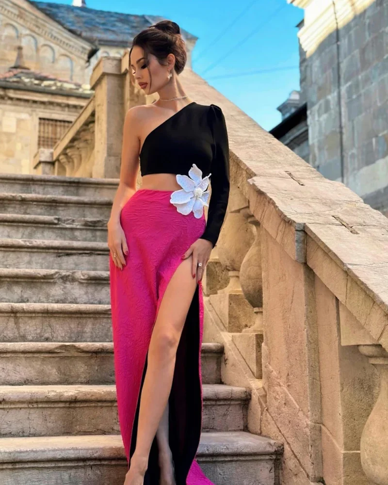 One Shoulder Long Sleeves High Split Hollow Out Patchwork Big Flower Beading Decoration Party Long Dress