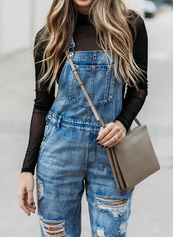Overalls Jeans Simple Washed Denim Straight Casual Loose Dungarees