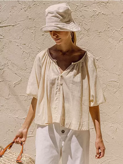 Oversized top Buttons Jewel Neck Chic 3/4 Length Sleeves Cotton Tops