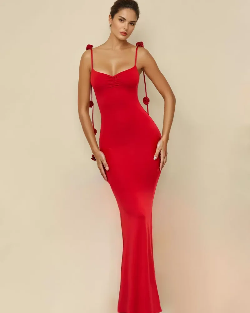 Party Dresses Red Straps Neck Ruffles Sleeveless Backless Semi Formal Dress - Red, S