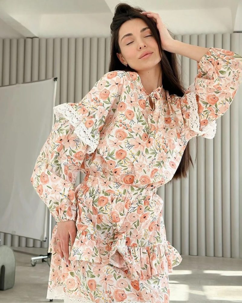 Printed 2 Piece Sets Outfit Elegant Long Sleeve Shirt With High Waist Pleated Mini Skirts Set