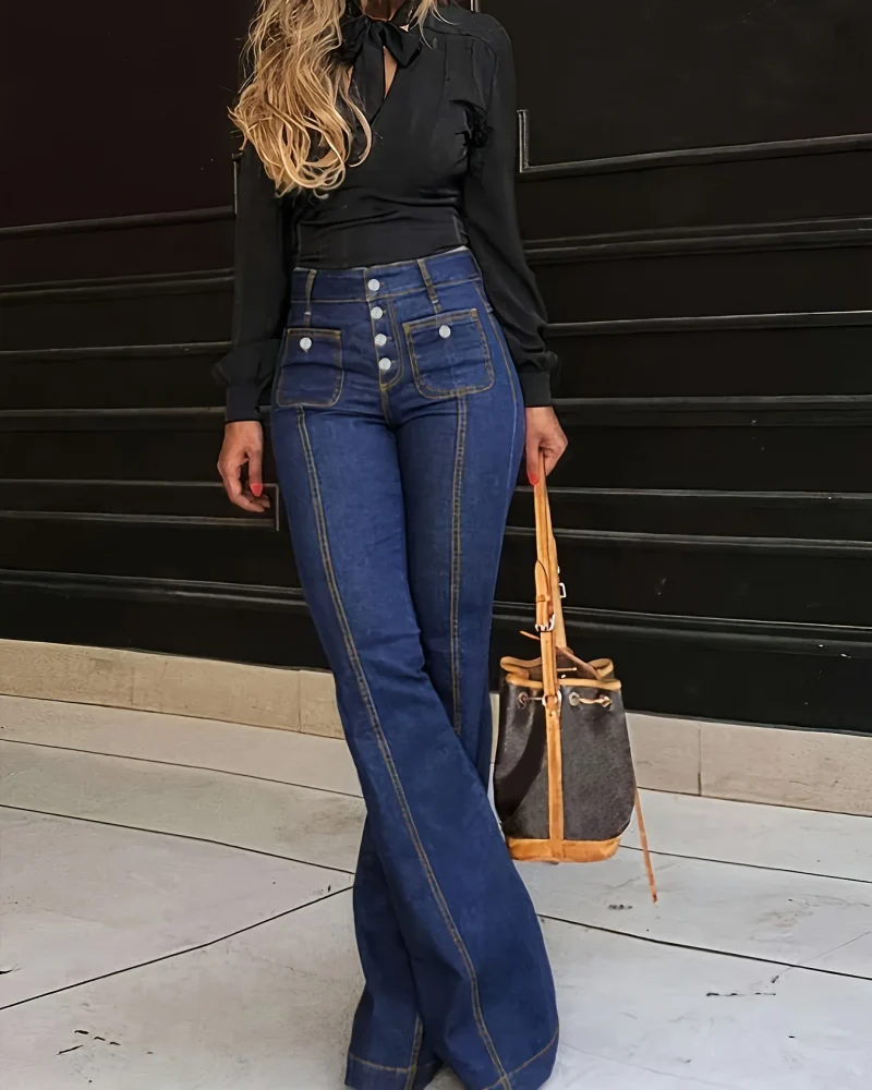 Retro High Waist Stitching Washed Stretch Slim Bell-Bottom Denim Pants