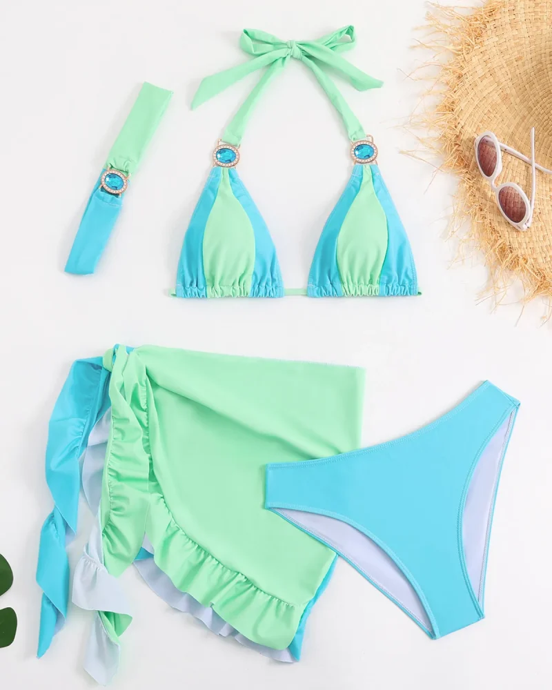 Rhinestone Bikini Contrast Diamond Push Up Ruffles Skirt 4 Piece Swimsuit