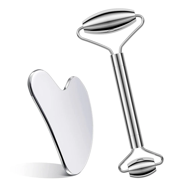 Roller and Gua Sha Set -Stainless Steel Mini Facial Roller,Skin Roller Massager for Wrinkles,Anti Aging Facial Roller