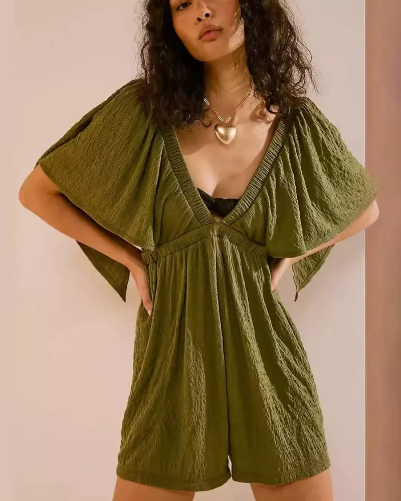 Short Dress V-Neck Short Sleeves Pleated Backless Polyester Wide Playsuit