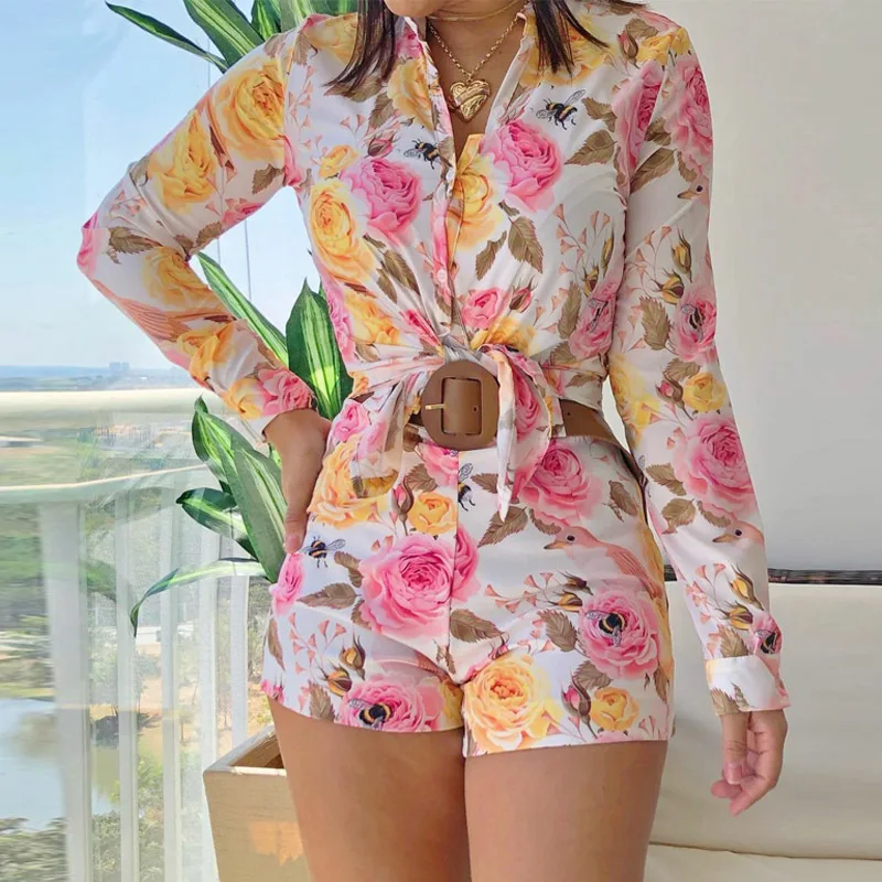 Shorts Suit Slim Simple Vintage Printed Long Sleeved Shirt Temperament 2 Piece Set