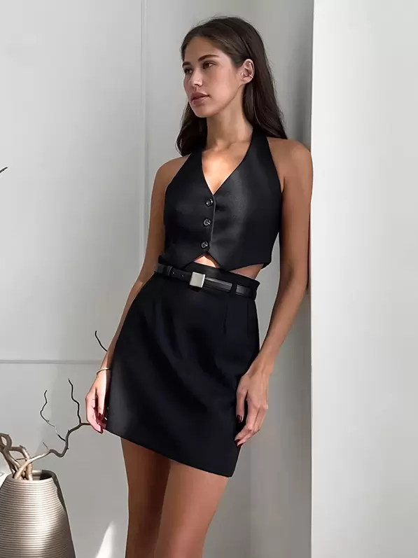 Skirt Set Party ,Club And Street Wear Sleeveless Polyester Buttons Chic