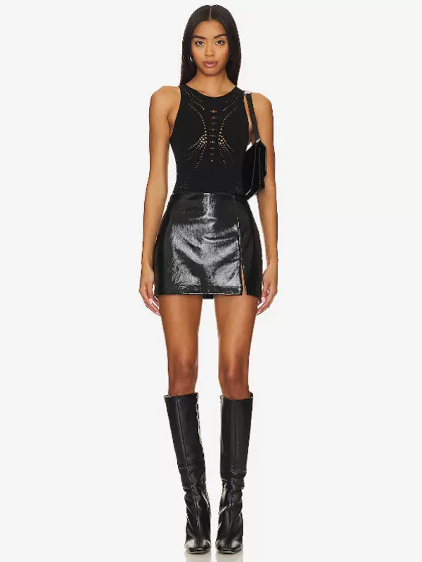 Skirts Red PU Leather Natural Waist Low-slit Fall Short