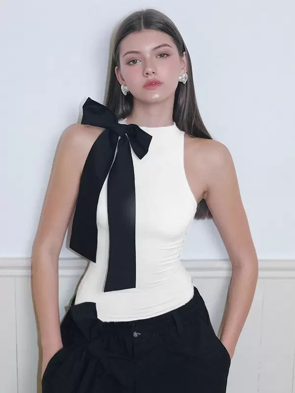 Sleeveless Bodysuit Jewel Neck Bows Two-Tone Chic Polyester Top