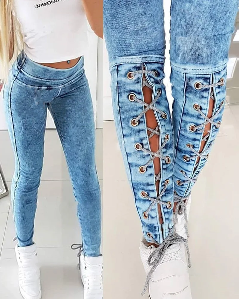 Slim-Fit Lace Up Streetwear Jeans Trousers Mid Waist Denim Pencil Pants