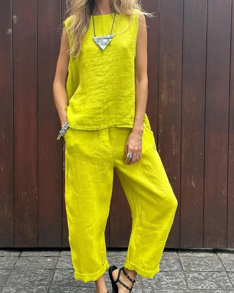 Solid Color Cotton And Linen Suit Simple Pocket Casual Long Pants 2 piece Set