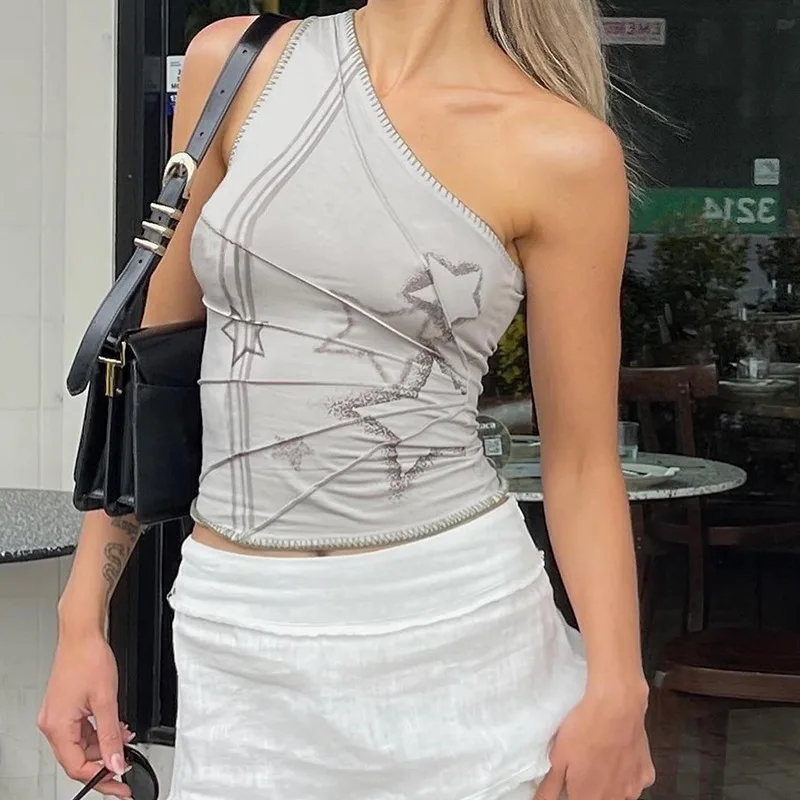 Star geometric print pattern gray diagonal shoulder sleeveless top
