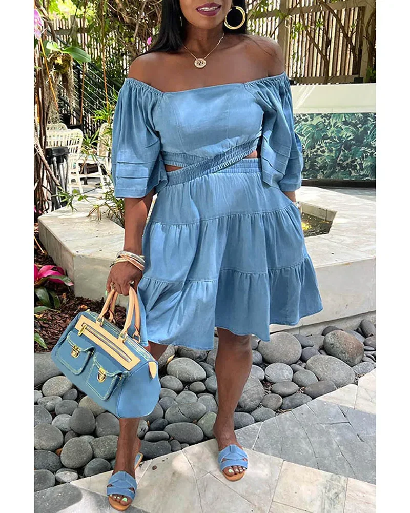 Stylish Plus Size Daily Denim Off Shoulder Hollowed Out With Pocket Midi Dresses