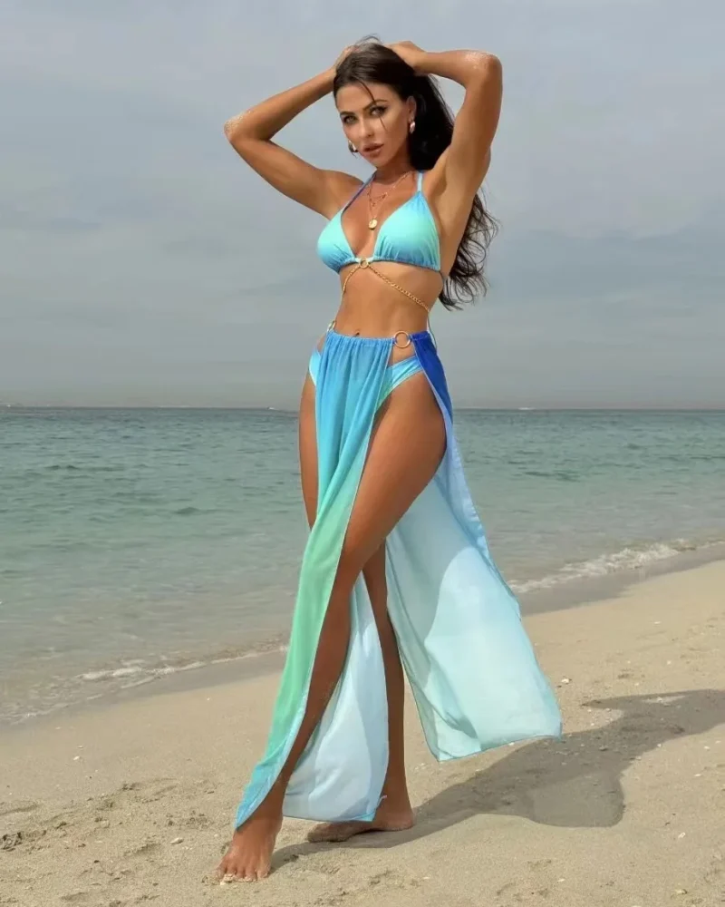 Three Pieces Kimono Swimwear Gradient Metal Criss Cross Bathing Suit Cover Up Bikinis