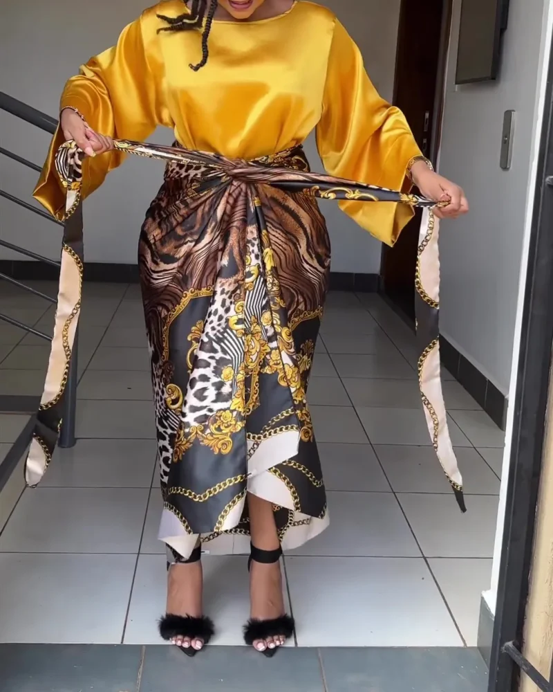 Tiger Print Long Dress Outfits Long Sleeve Party Vacation Dress Outfits