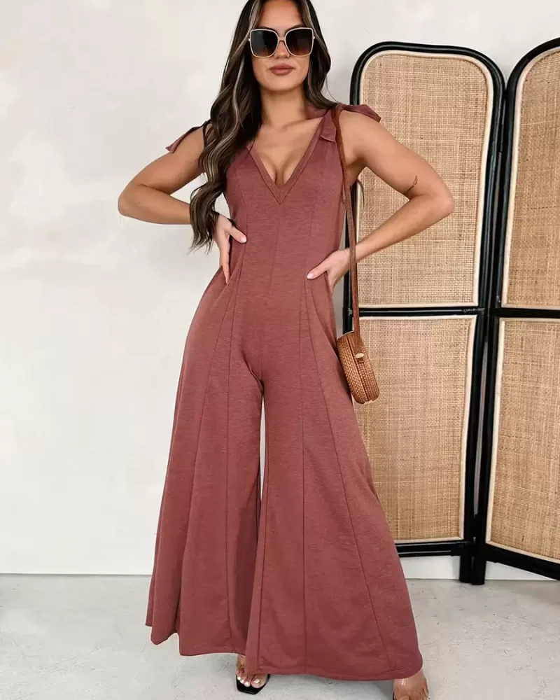 V-Neck Sleeveless Adjustable Straps Polyester One Piece Outfit